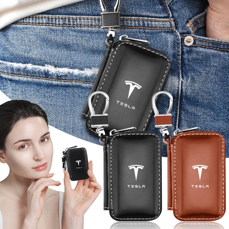 1Pcs Leather Car Emblem Key Case Keychain Zipper Key Case Bag For Tesla Model S Model X Model Y Model 3 Roadster SpaceX Accessory