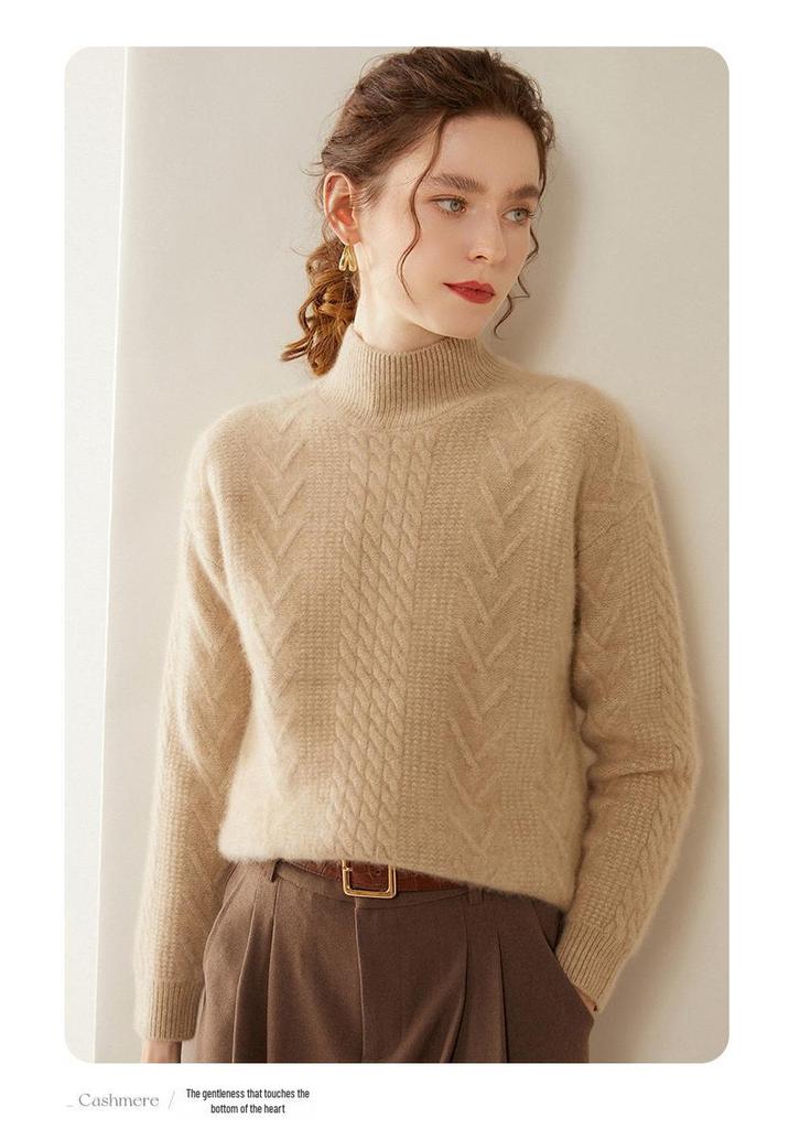 Women's Cashmere Cable Knit Sweater - Half-High Collar, Thick, Loose Fit, Solid Color, Perfect for Autumn/Winter