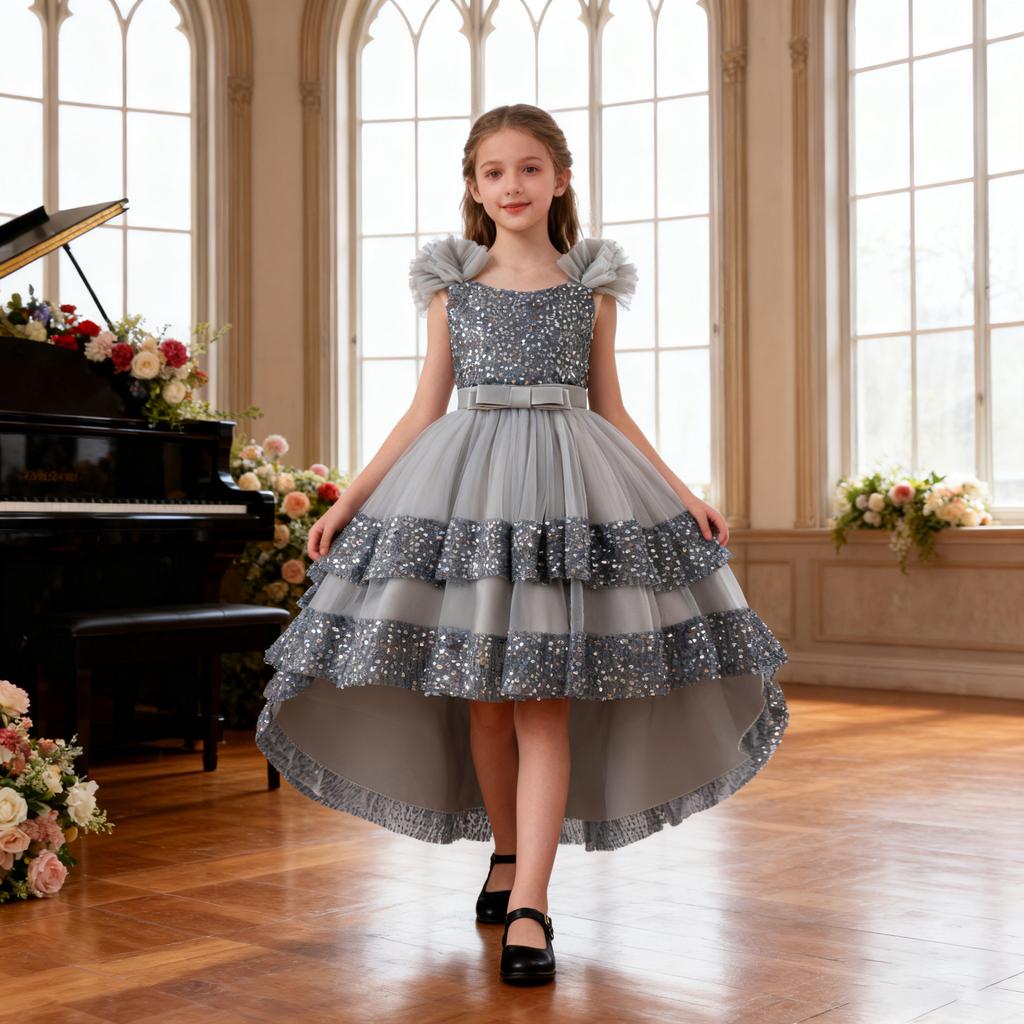 Pailletten-Prinzessinnenkleid: Formelles Kleid für Mädchen für Geburtstage und Partys – Schleife, Pailletten, Trägerlos, Schleppe