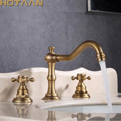 Massiv Messing Badezimmer Waschtischmischer Armatur Antik Messing Küchenspüle Wasserhahn Doppelgriffe 3 Löcher 3 Stück Deckmontierte Waschtischarmatur