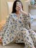 100% Viscose Floral Printed Ladies Kimono Style Pajamas Set Loose Thin V-Neck Three Quarte Sleeves 2Pcs Sleepwear Loose Homewear