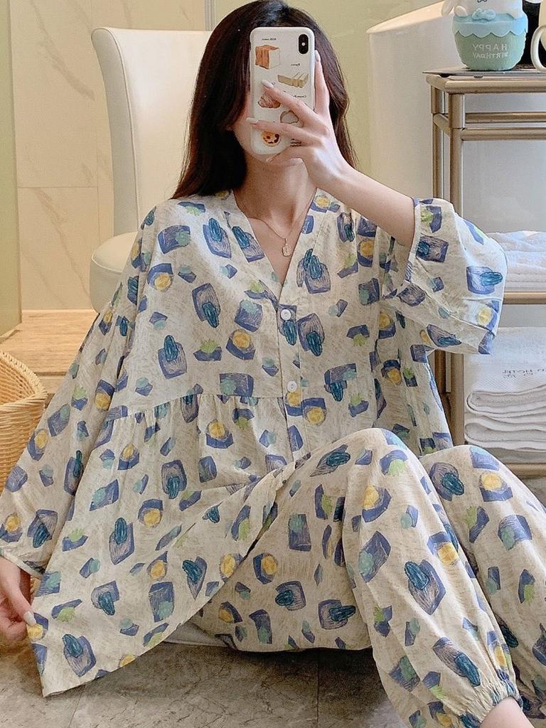 100% Viscose Floral Printed Ladies Kimono Style Pajamas Set Loose Thin V-Neck Three Quarte Sleeves 2Pcs Sleepwear Loose Homewear
