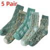 5 Pairs Casual Vintage Japanese Floral Textured Socks Mid Calf 3D Textured Cotton Socks Boho Ethnic Stacked Socks All-Season