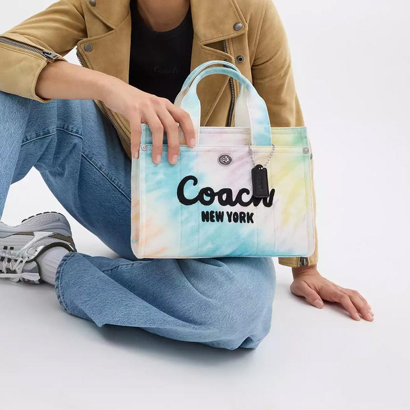 Coach Cargo 26 Rainbow Tie-Dye Print Canvas Recycled Leather Shoulder Crossbody Tote Bag Medium Women bags Silver Multicolor CU129-LHL38