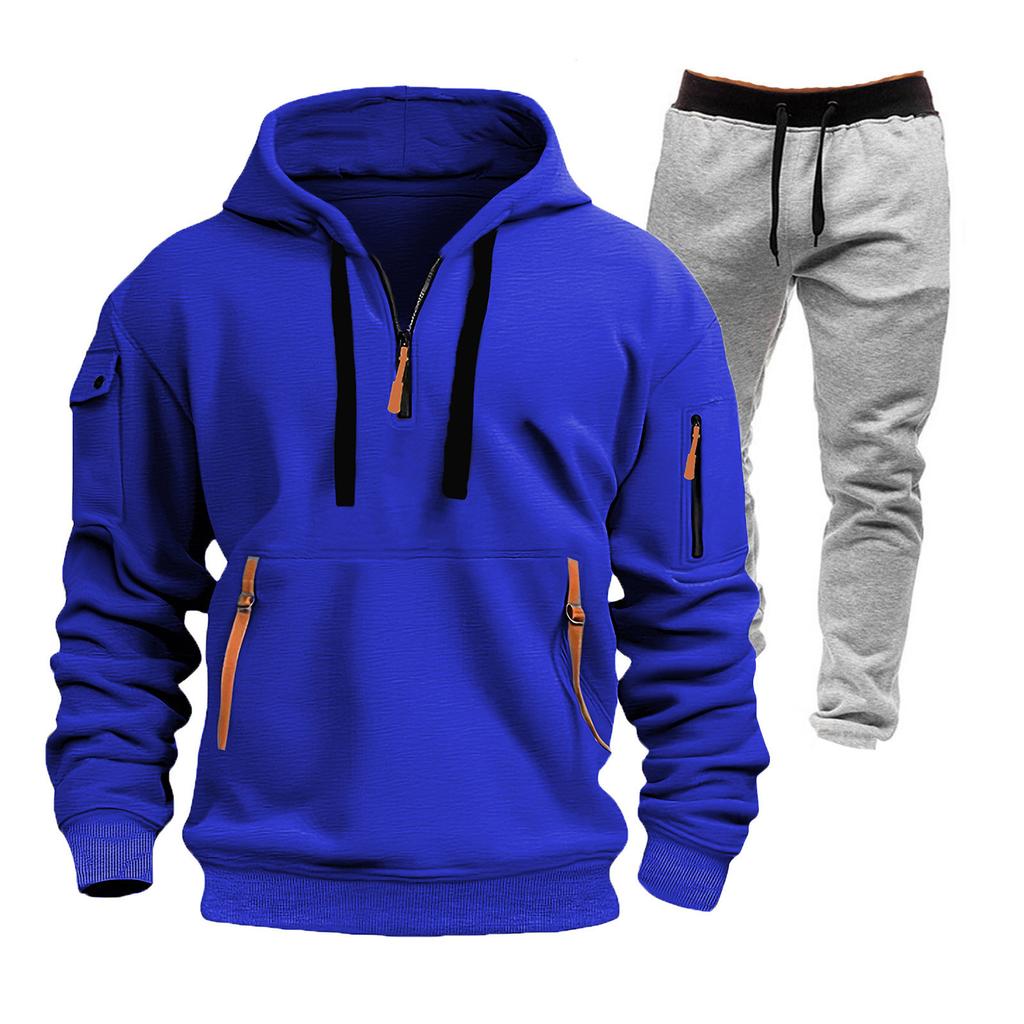 Men's Winter Fleece Multi-pocket Zipper Sweatshirt Suit Personalized Casual Hoodie Suit