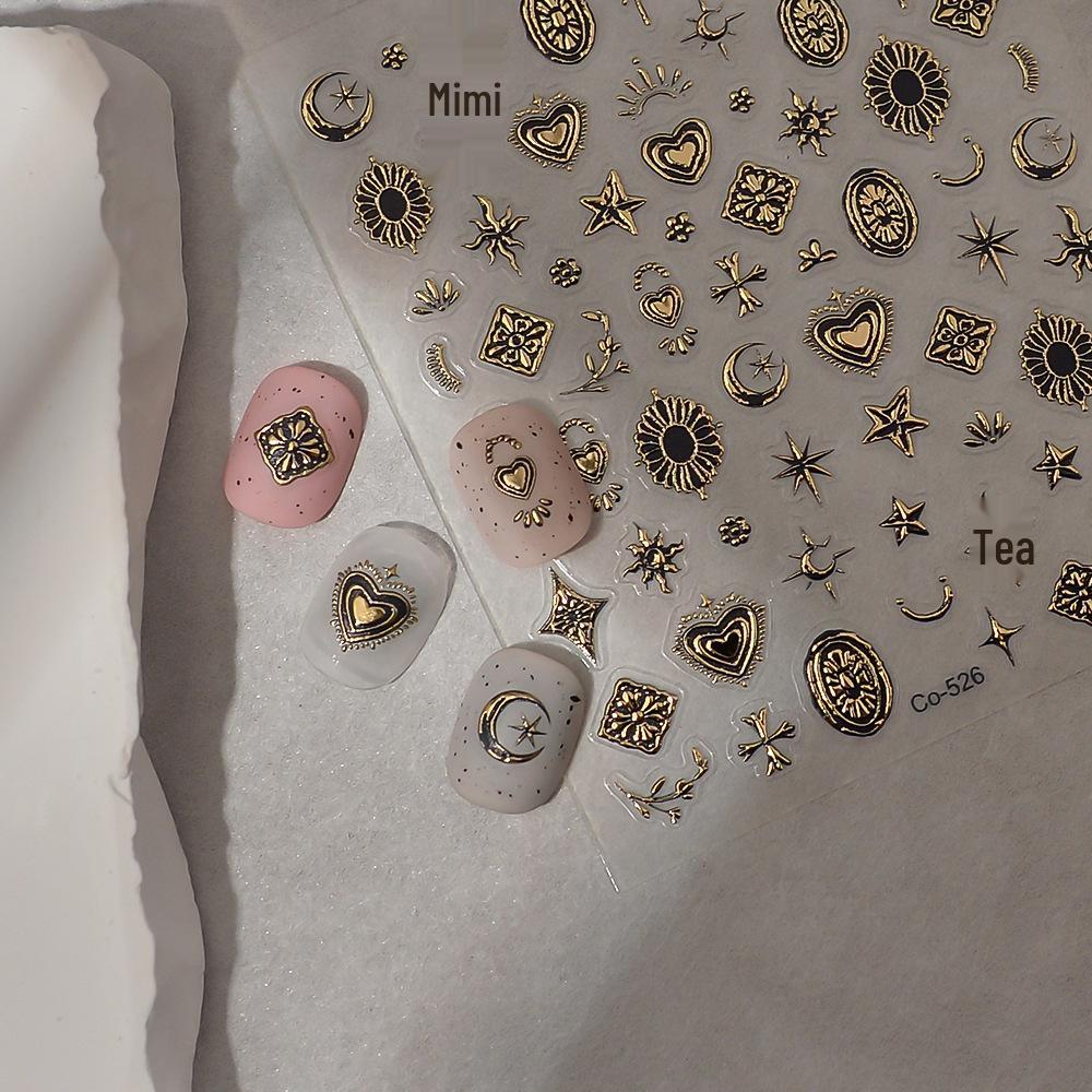 3D Embossed Metal Star & Moon Nail Stickers - Gold & Silver Retro Designs