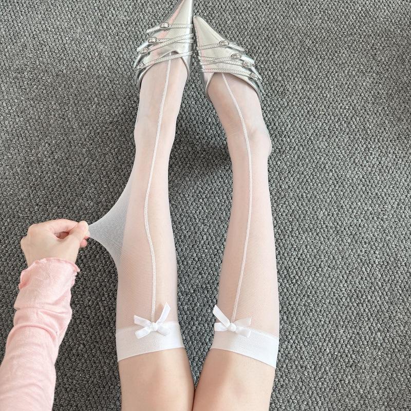 Internet Celebrity Pure Desire Black Silk Bow Shrimp Line Stockings Female Millennial Babes Sexy Stockings Jk White Silk Knee Socks