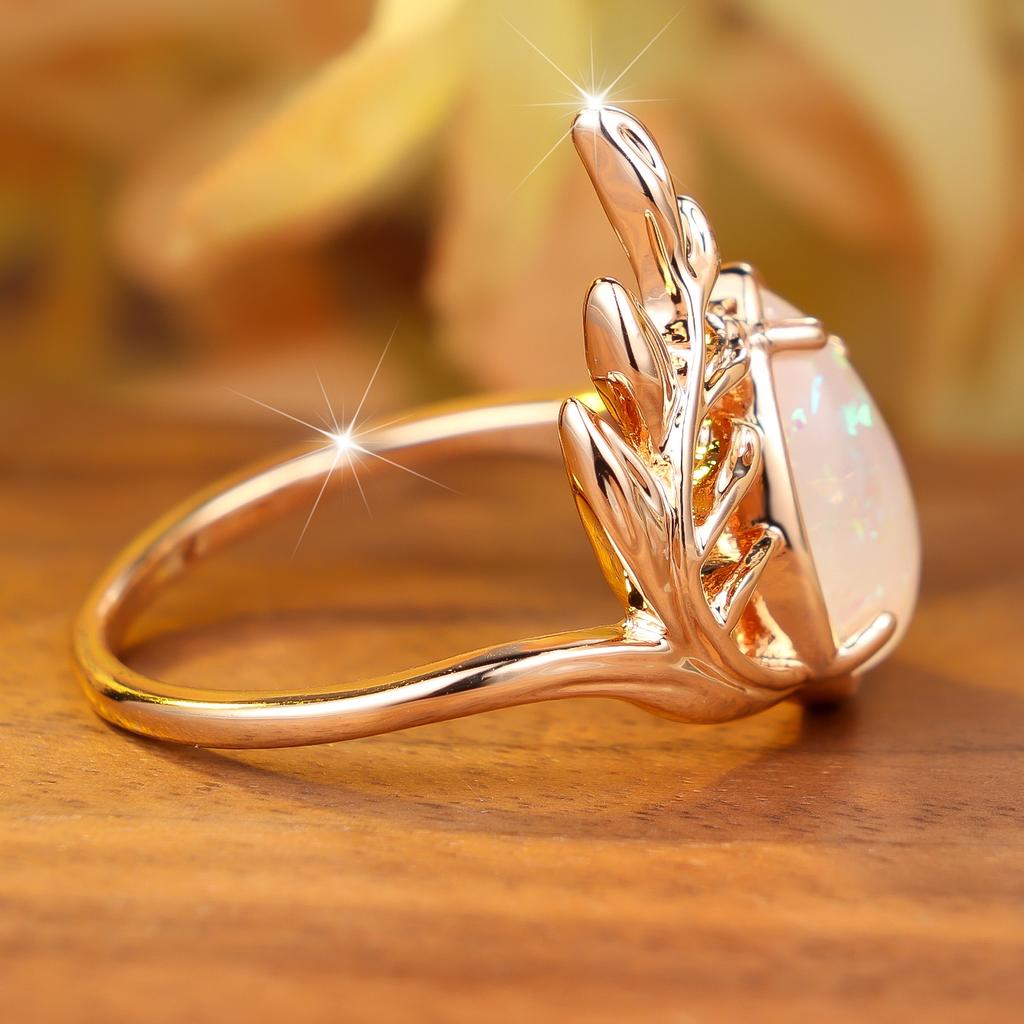 Luxury Female Big Water Drop Opal Stone Engagement Leaf Ring Vintage Gold Color Wedding Fashion Jewelry For Women