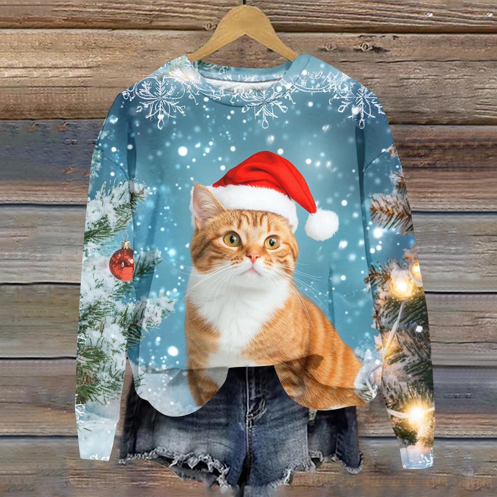 Ladies' Christmas Printed Casual Long Sleeved Round Neck Sports Hoodie Top