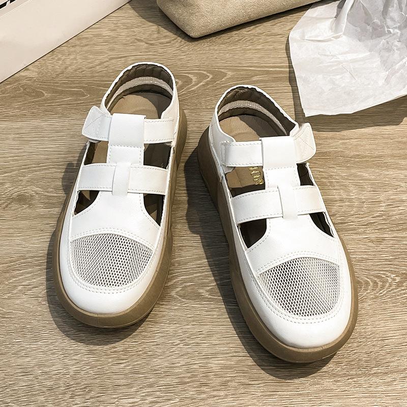Hollow Out Summer Women's Shoes Middle Heel Waterproof Platform Sandals White Leather Thick Heels Soft Soles Half Drag Indoor