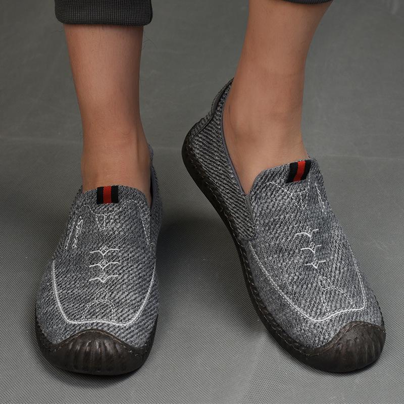 Men's Breathable Canvas Slip-On Shoes, Soft Cowhide Sole, Linen Low-Top Moccasins for Driving and Casual Wear