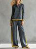 Women Contrast Trim Tracksuit Set Henley Neck Long Sleeve Top Wide Leg Pants Two Piece Outfit