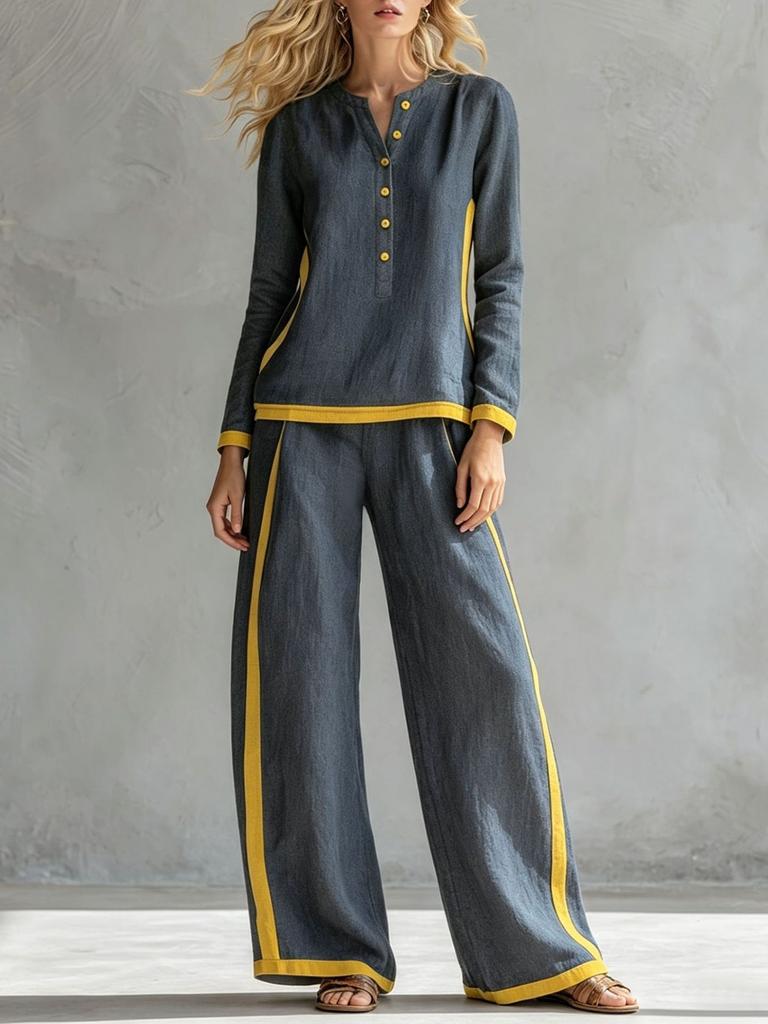 Women Contrast Trim Tracksuit Set Henley Neck Long Sleeve Top Wide Leg Pants Two Piece Outfit