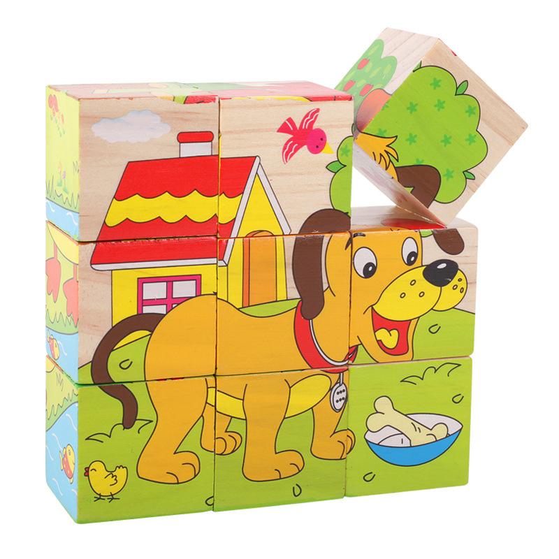 Free Shipping Children Wooden Cartoon Animal Puzzle Toys 6 Sides Wisdom Jigsaw Early Education Toys Parent-Child Game