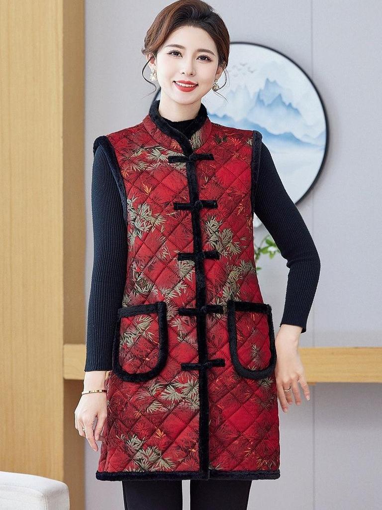 Ethnic-Style Autumn/Winter Velvet Mid-Length Tang Suit Vest for Middle-Aged and Elderly Women