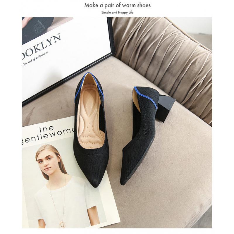 High Heels Einzelne Schuhe Leopardenmuster Fliegendes Gewebe Spitz Zehen Dicke Ferse Leichter Mund Mittelhohe Ferse Gewebte High Heels Damen