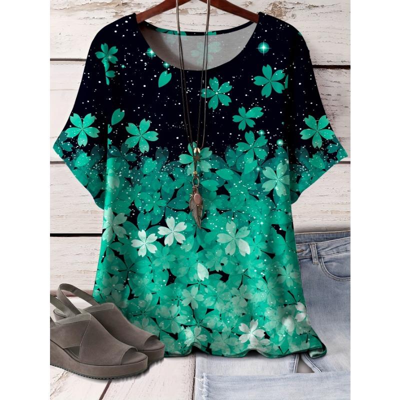 Women s Casual Romantic Cherry Blossom Print Short Sleeve Round Neck Short Sleeve S