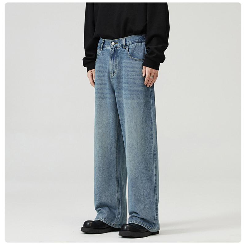 Simple Men's Denim Pants Casual Washing Solid Color Menswear Bottom Middle Waist Straight Wide Leg Loose Male Jeans 2025 Spring Autumn