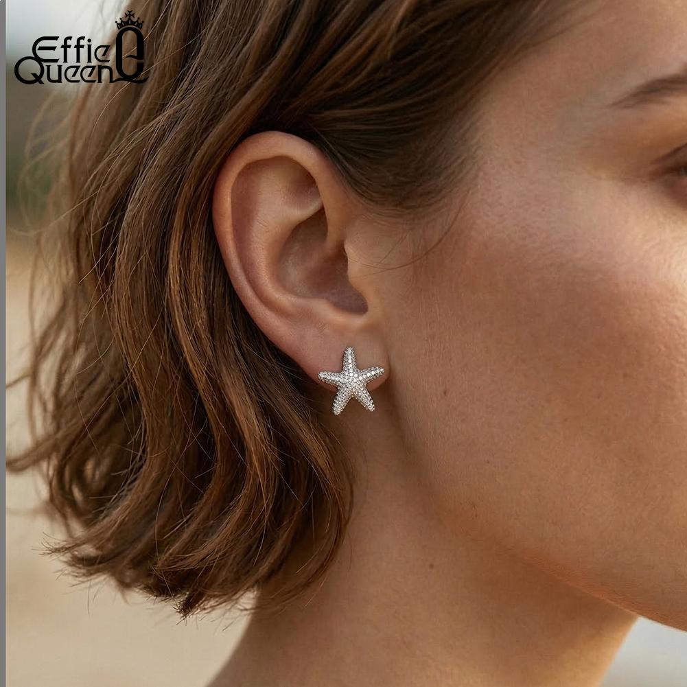 Effie Queen 925 Sterling Silver Fashion Inlaid Zircon Starfish Earrings Cute Star Earrings Stud Ocean Party Jewelry Gift APE154