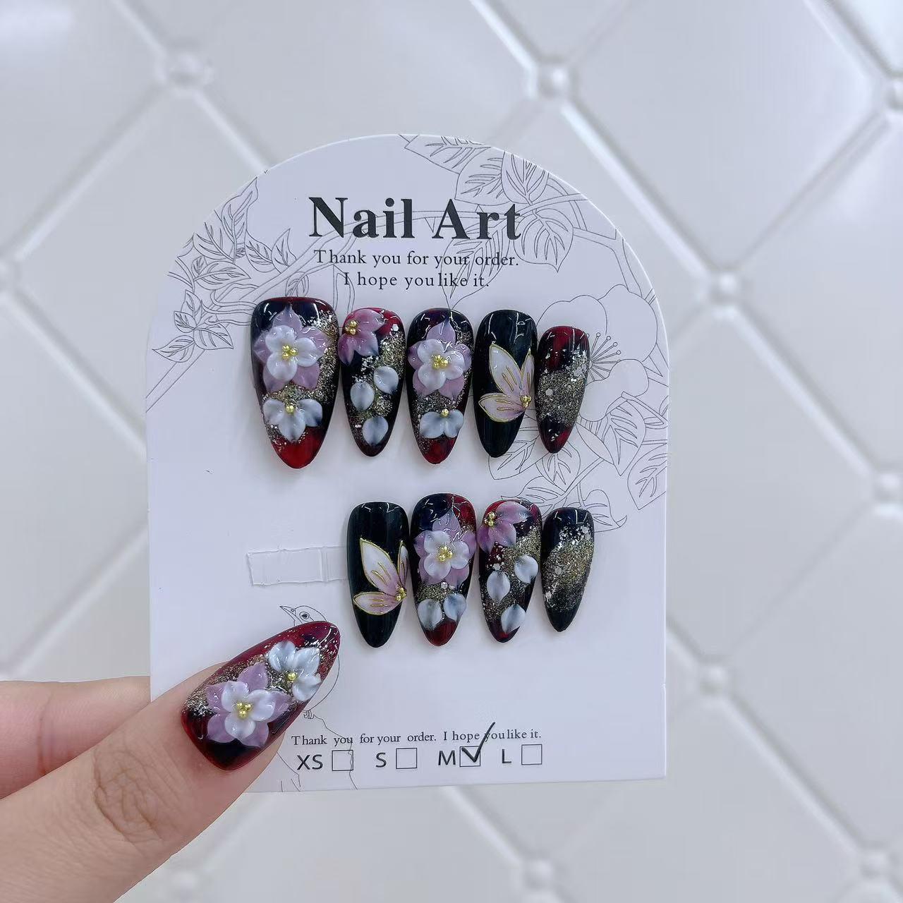 Jia Zhi Mu Jia Chun 3D Carved Wine Red to Black Gradient Hot Stamped Medium Almond False Nails Large