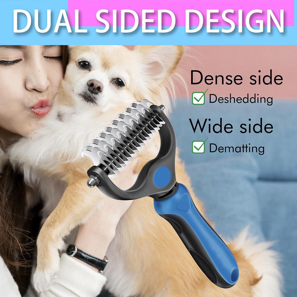 Pet Grooming Combo Stainless-Steel Comb and Dog Brush Professional Undercoat Rake Deshedding Tools for Long-Haired Dogs and Cats