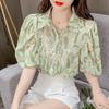 Women's Bubble Sleeve Floral Chiffon Shirt Spring and Summer Design Top Niche French Style