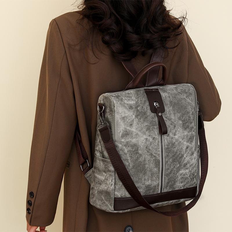 Zipper Backpack Women's Block Color Backpack Female Anti-Theft Schoolbag