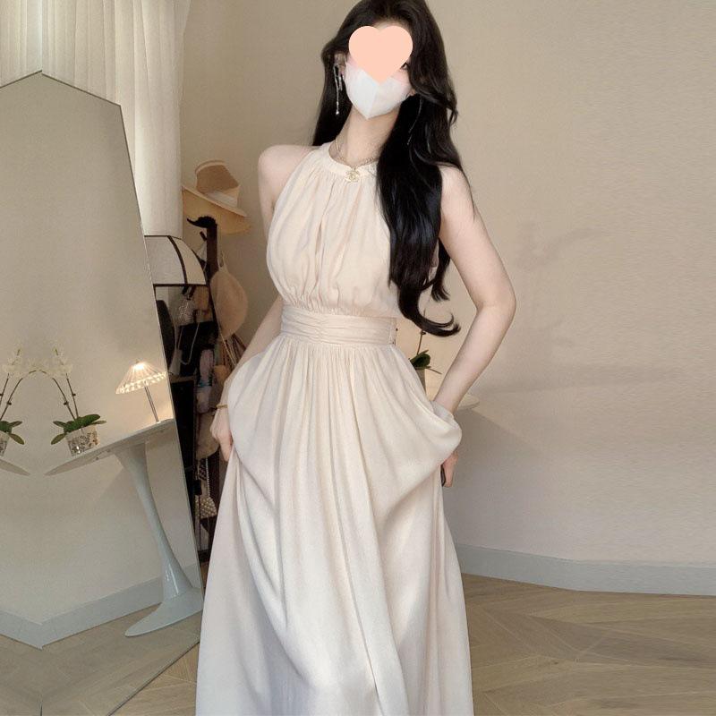 Apricot Chiffon Sleeveless A-line Halter Dress for Spring/Summer S