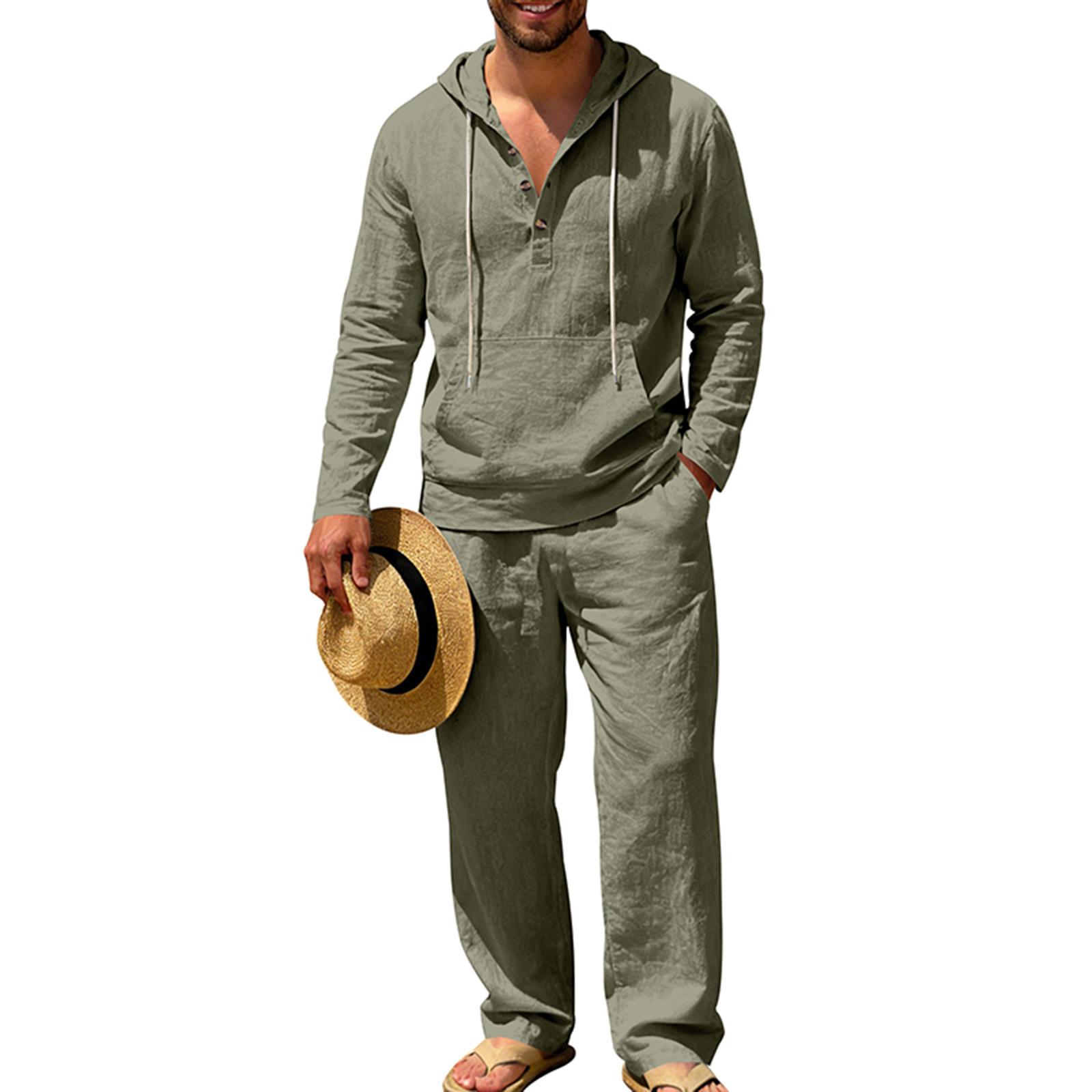 Men s Cotton And Linen Casual Short-Sleeve And Shorts Set L