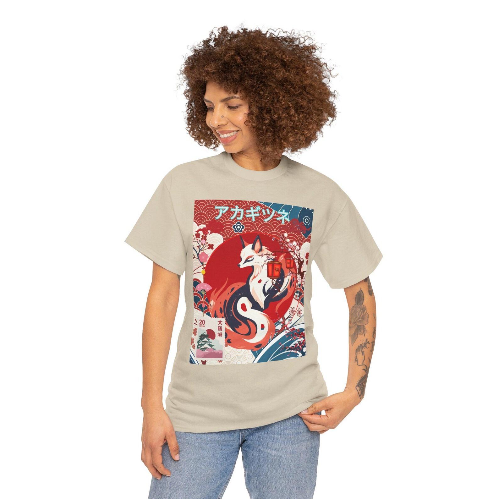 Red Kitsune Fox Illustration T-Shirt | Japanese Fox Spirit Artwork tee , Red Fox in Japanese 4XL