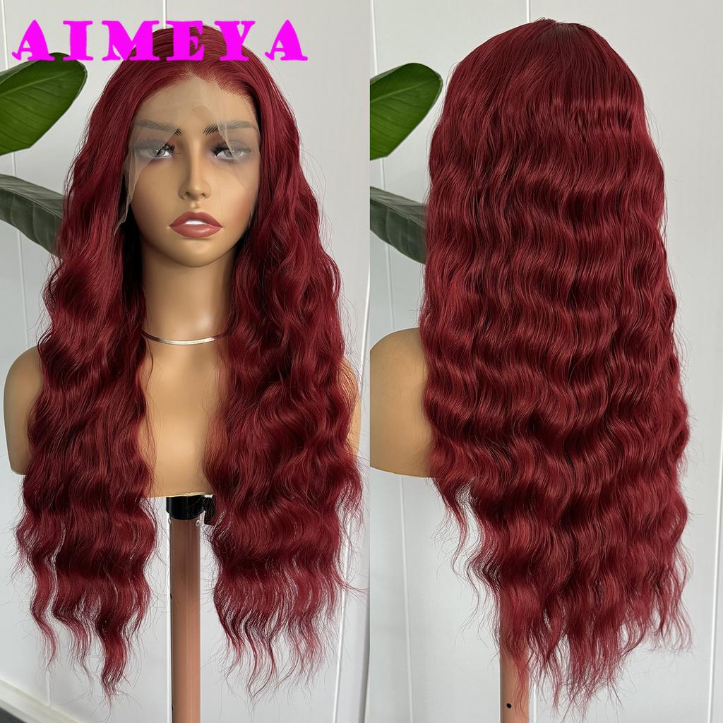 AIMEYA Burgundy Lace Wig Long Body Wave Synthetic Hair Glueless 13x4 Lace Front Wig for Women Wine Red Wigs Daily Wear Cosplay