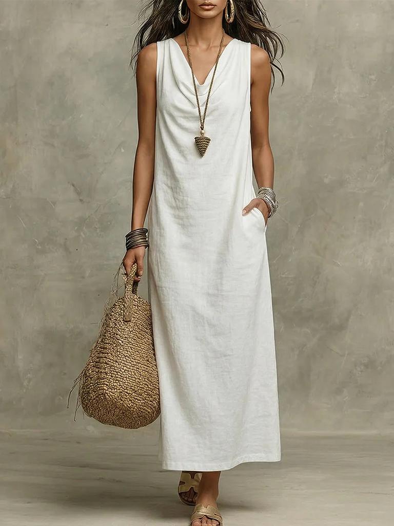 2026 new European and American cross-border Amazon bohemian cotton and linen loose fashion temperament V-neck sleeveless dress
