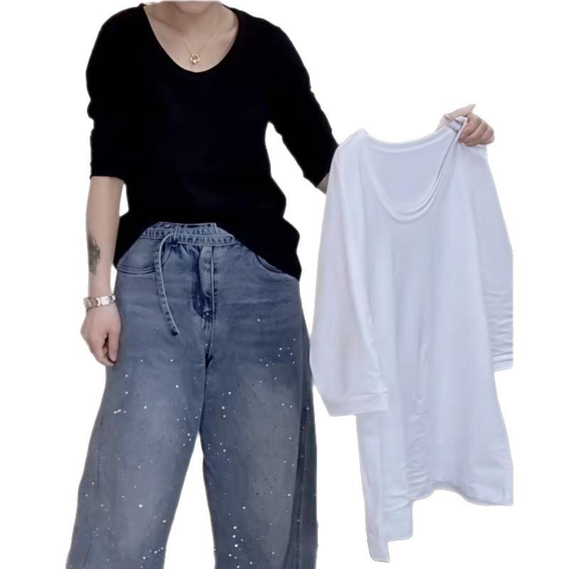 Factory Basic White U-neck Short-sleeved T-shirt Women's Summer New Temperament Korean Version Loose and Versatile Front Shoulder Top
