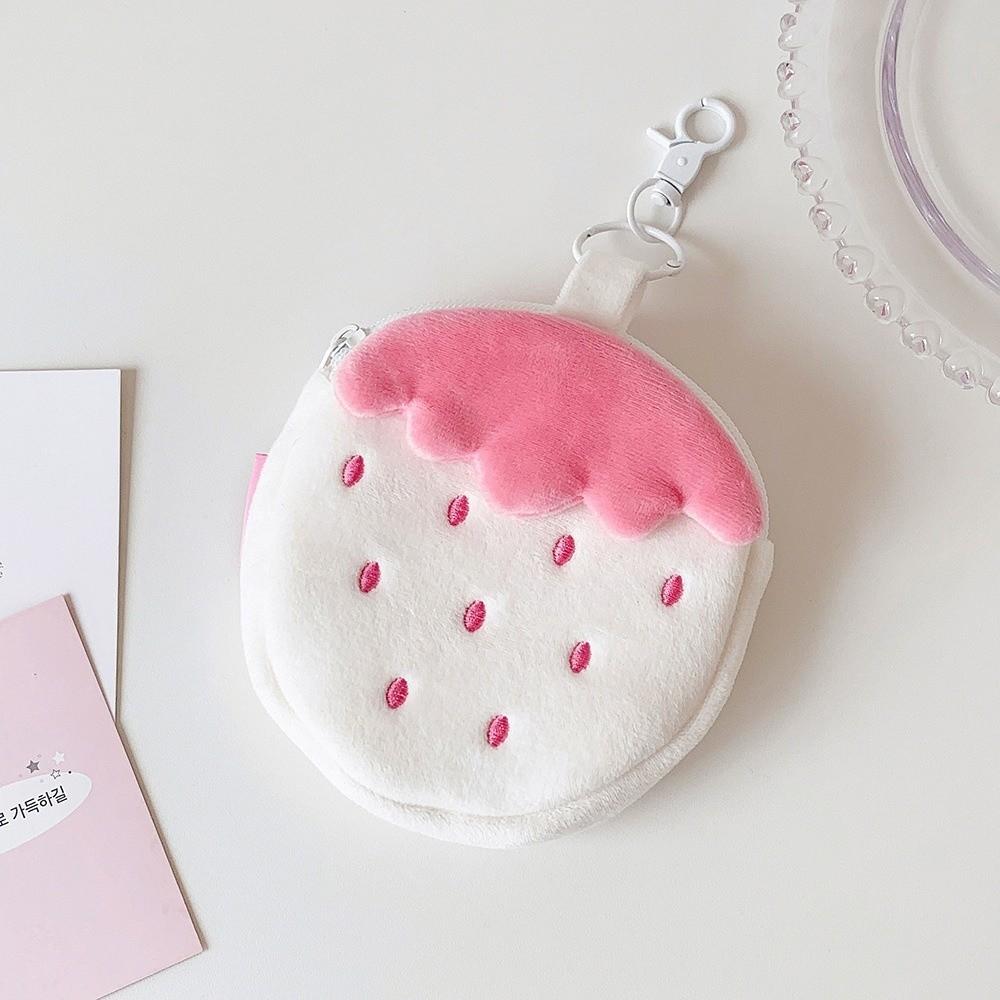Zipper Design Plush Strawberry Keychain Lipstick Card Bag Earphone Bag Gift Giving