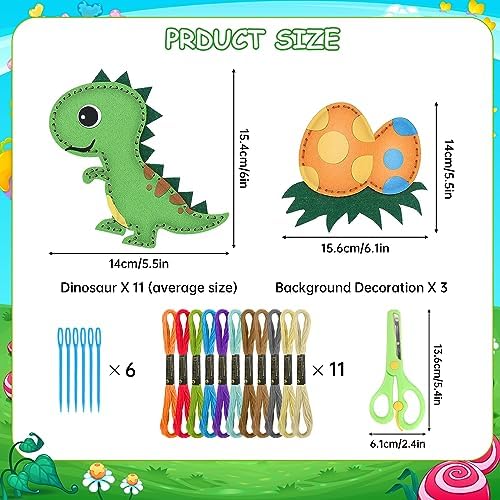 Kinder Nähset 14 Teile Dinosaurier Filz Bastelset, DIY Anfänger Nähset mit Füllwatte Garn Schere, Pädagogisches Kreatives Kunstgeschenk für Jungen Mädchen
