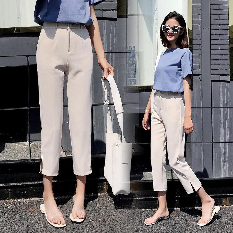 Korean Style Summer Women Suit Pants High Waist Pants with Slit Elegant Ladies Girls Casual Pants Capri