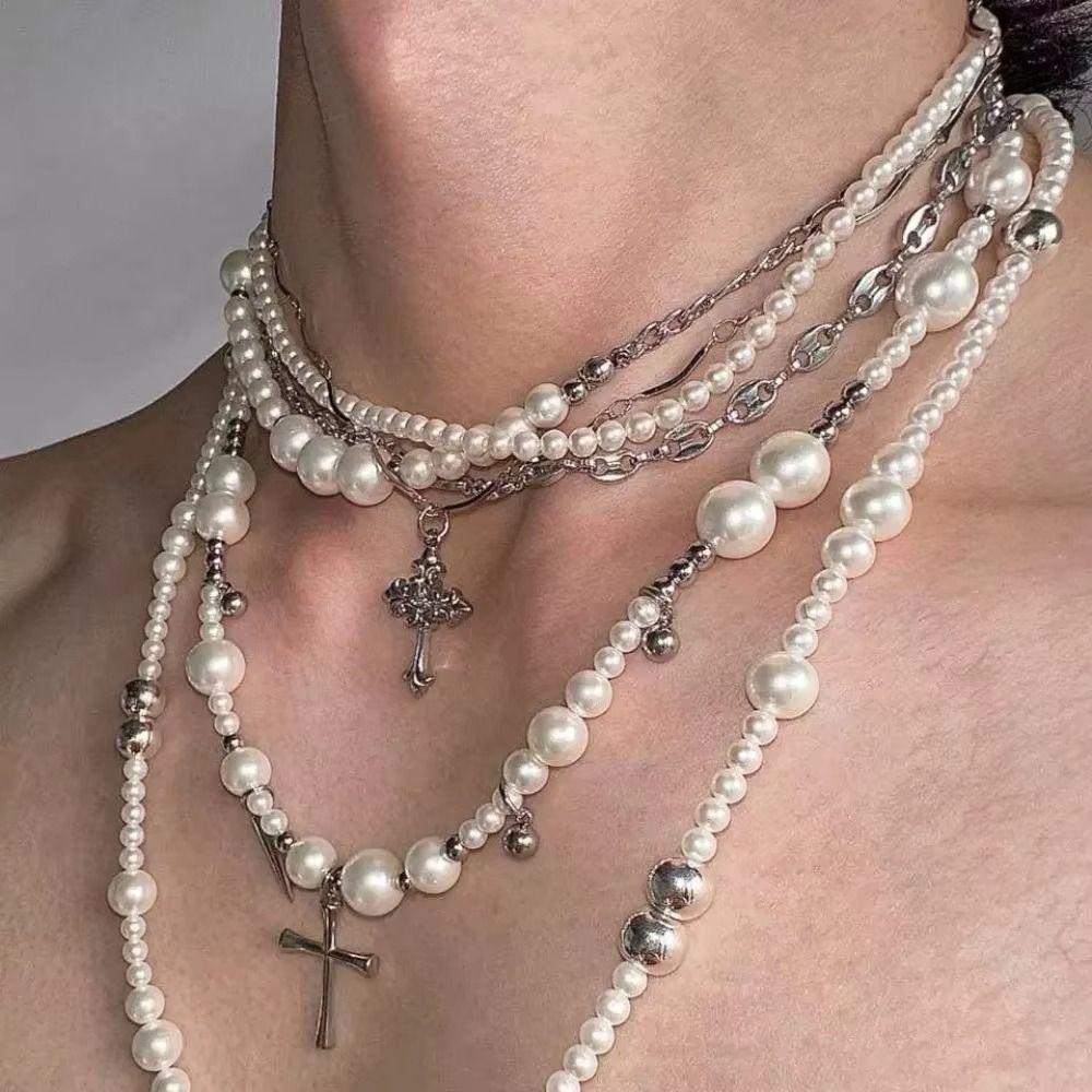 Cross Multi-layered Pearl Necklace Korean Style Women's Clavicle Chain  Jewelry Gift