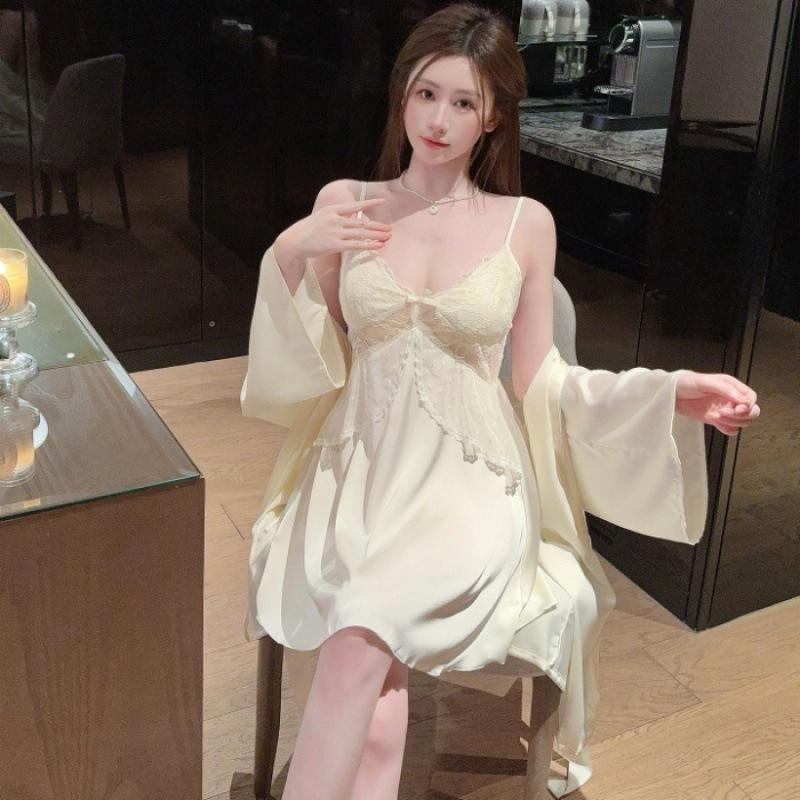 Pajamas women's ice silk thin with chest pad suspender nightdress thin pure lace