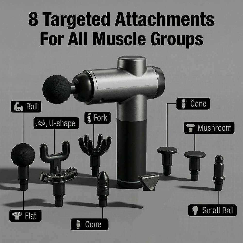 Muscle Recovery Massage Gun 8 Speed Levels and Attachments Portable Deep Tissue Percussion Massager for Pain Relief