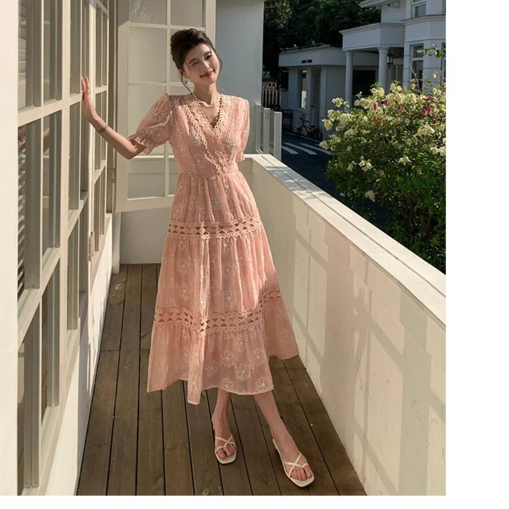 New Summer Fashionable Floral Embroidered Patchwork V-Neck Short-Sleeve Fitted Slimming Midi Dress Women's Holiday Vestidos