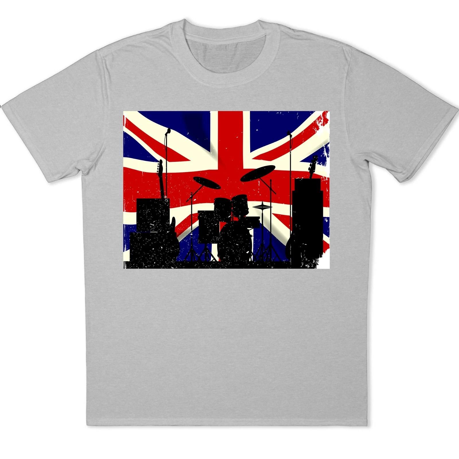 UK Flag T Shirt Rock Band Music Guitar Drum British Retro Union Jack Tee L