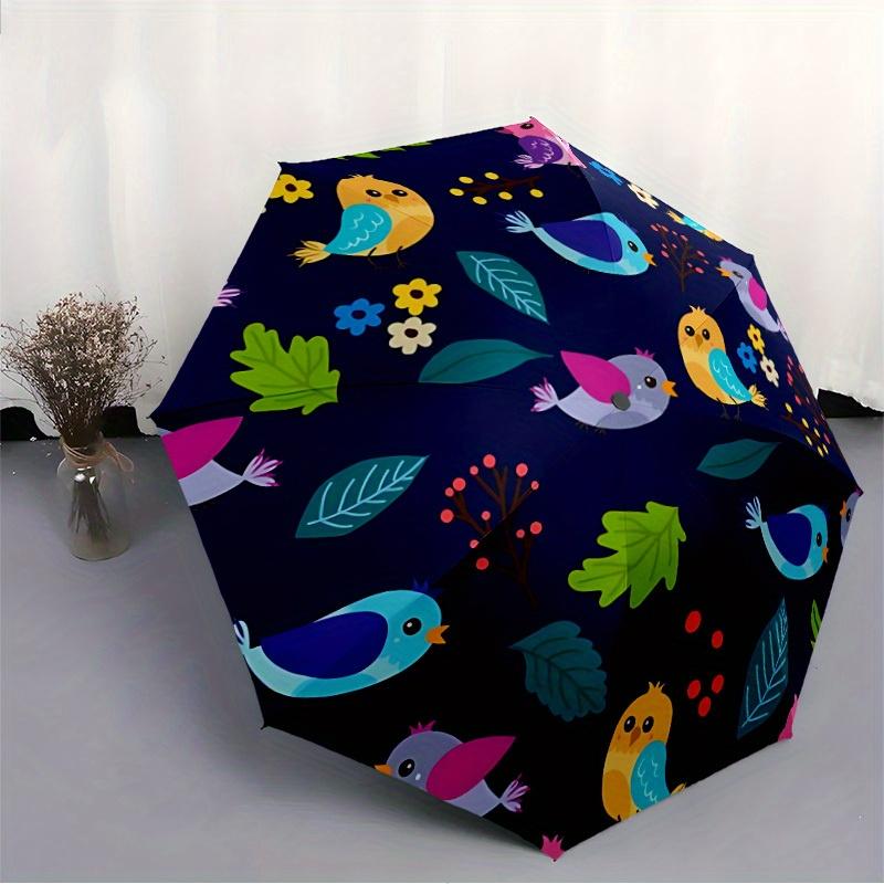 1pc Colorful Birds Pattern Automatic Folding Umbrella - 8-Rib Iron Frame, Windproof, Portable Sunshade with Plastic Handle for Travel & Outd