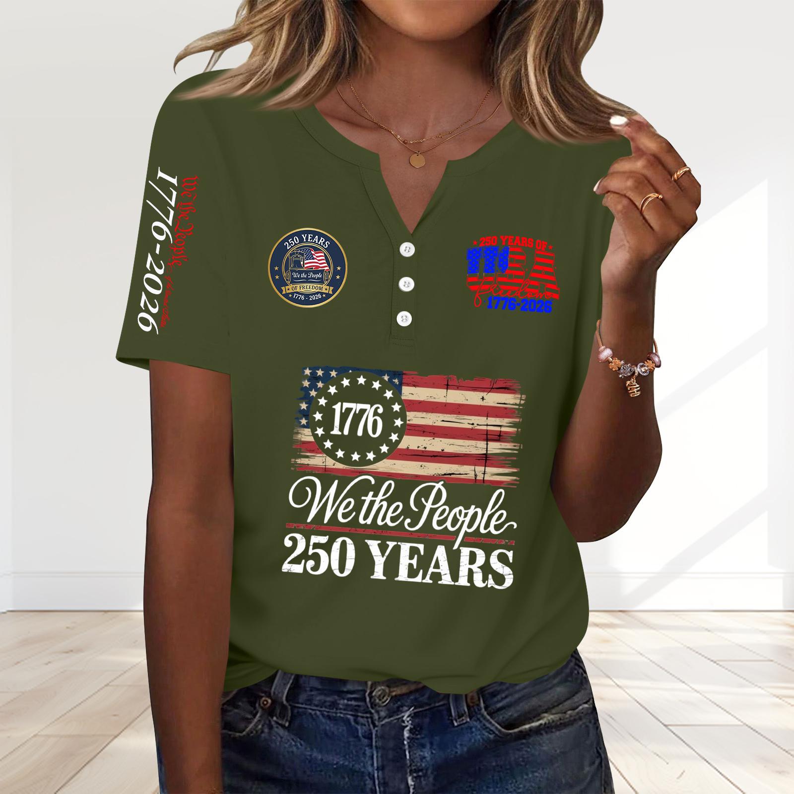 

Women’s Short Sleeve Henley Neck T Shirt 250 Years Anniversary 1776 We the Flag Printed Casual Top Tee L армия зеленый