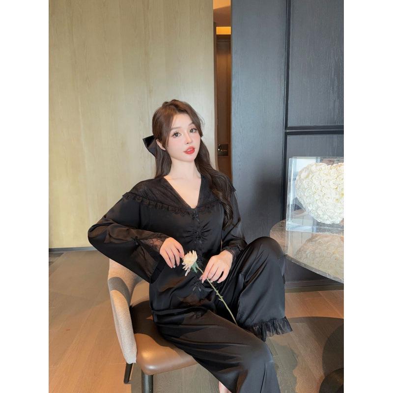 

Атласная французская пижама 2025: Женский комплект домашней одежды из ледяного шелка с длинным рукавом и брюками, в милом стиле L