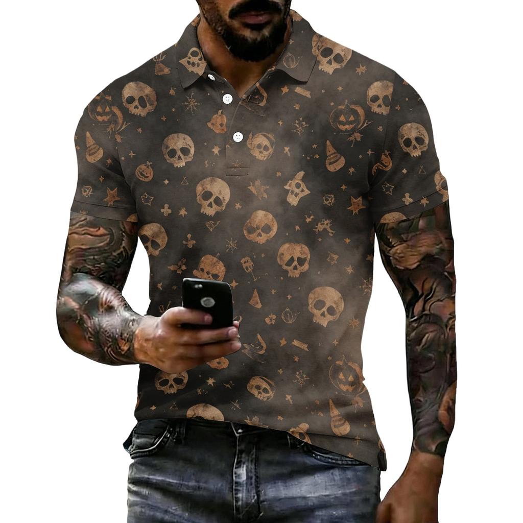 Men's Halloween Printed Short Sleeve Polo Shirt Loose Fit Casual Summer Daily Wear Button Down Collar Top