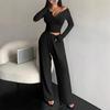 Completi da relax da donna a 2 pezzi con top crop a maniche lunghe con bottoni e pantaloni a gamba larga