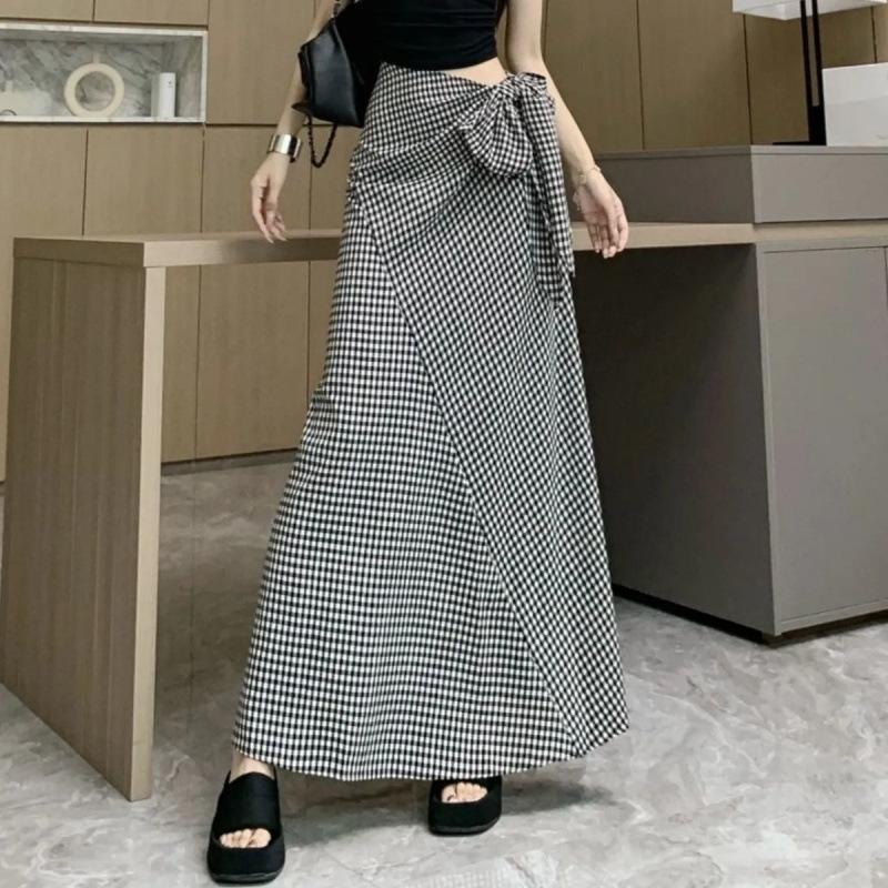 

Женская летняя юбка в клетку во французском стиле с завышенной талией и завязкой на талии, элегантная юбка макси XL
