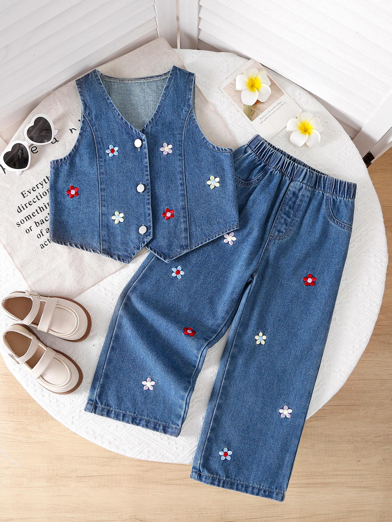 Two-piece set for girls and toddlers: casual and stylish colorful embroidered button-down cardigan top and embroidered blue straight-leg jeans. 4Y средний синий