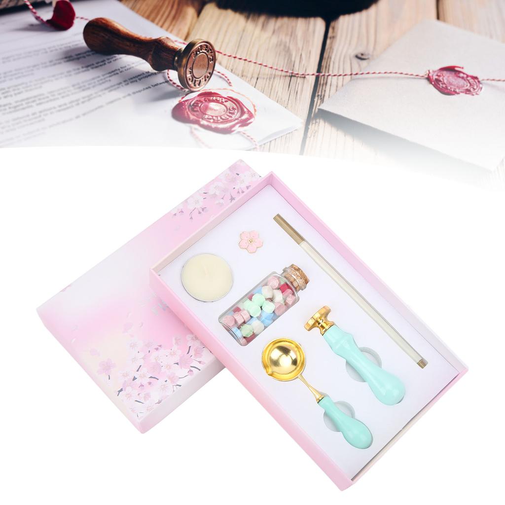 Wax Sealing Kit Vintage  Color Matching Blue Handle Gift Box Packaging Cherry Flower Brooch Detac
