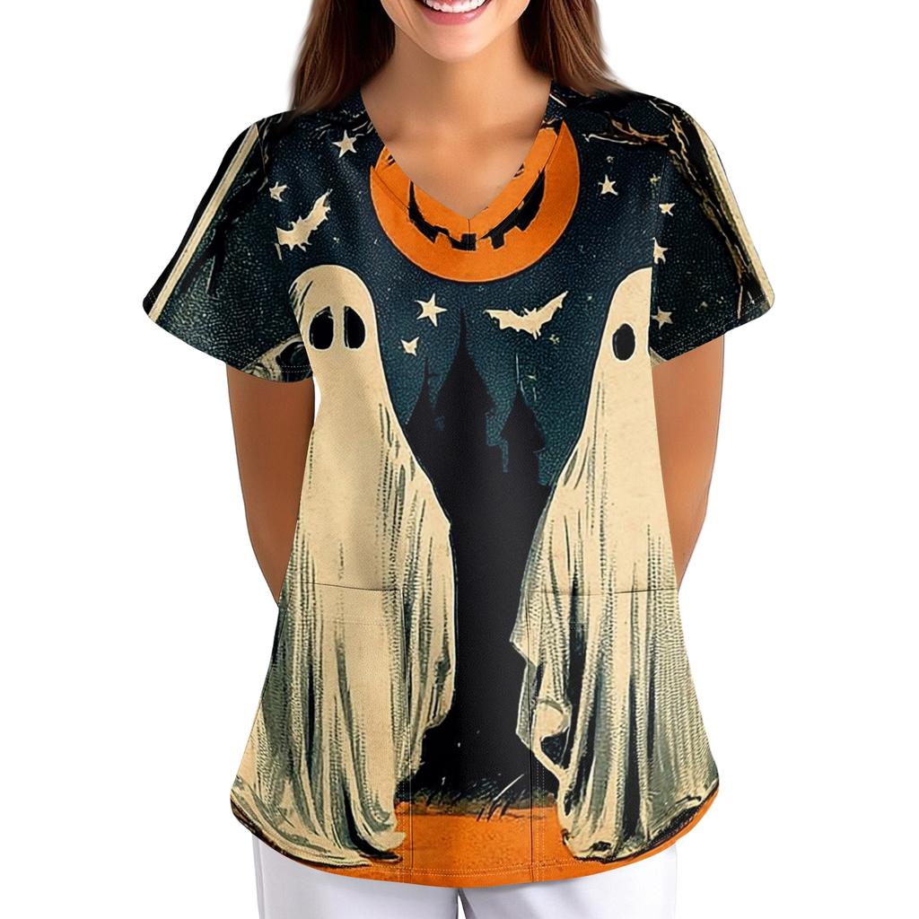 Women's Halloween Print Loose Fit V-Neck Short Sleeve Uniform Top with Pockets